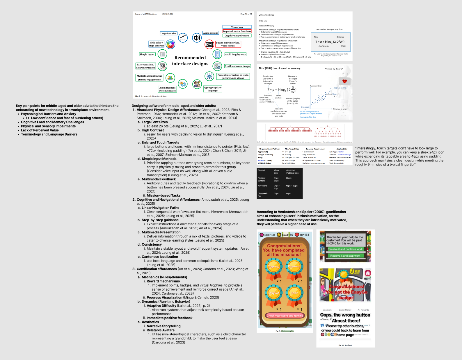 BeeCare desk-research board covering visual, physical, cognitive, and motivational design considerations