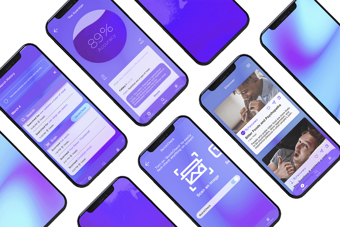 Purple Faccuracy fact-checking app interface mockups